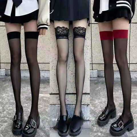 Goth Thigh-High Sheer Sock — Lace, Velvet Band & Crimson Edge