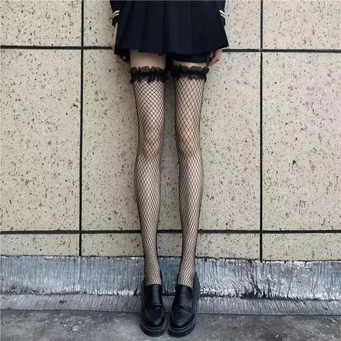 Goth Thigh-High Sheer Sock — Lace, Velvet Band & Crimson Edge