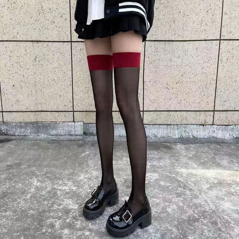 Goth Thigh-High Sheer Sock — Lace, Velvet Band & Crimson Edge