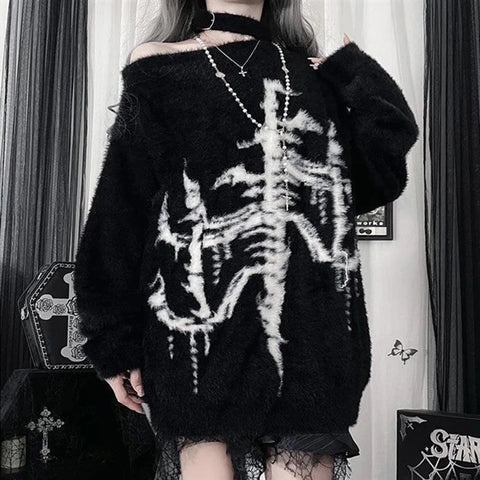 Goth Skeleton X-Ray Fuzzy Knit Top