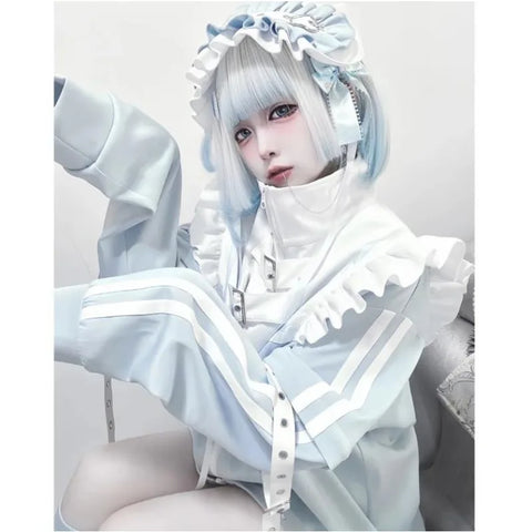 Pastel Goth Restraint Lace Zip-Up Tshirt in Ice Blue