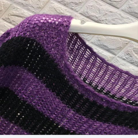 Pastel Goth Violet Striped Destroyed Knit Sweater