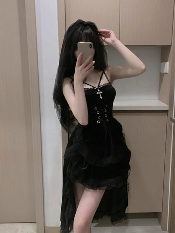 Victorian Goth Crimson Velvet Lace-Up Mini Dress