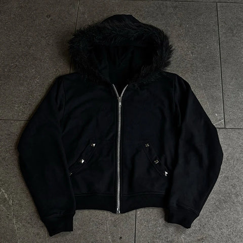 Mall Goth Faux-Fur Trim Zip Tshirt in Void Black