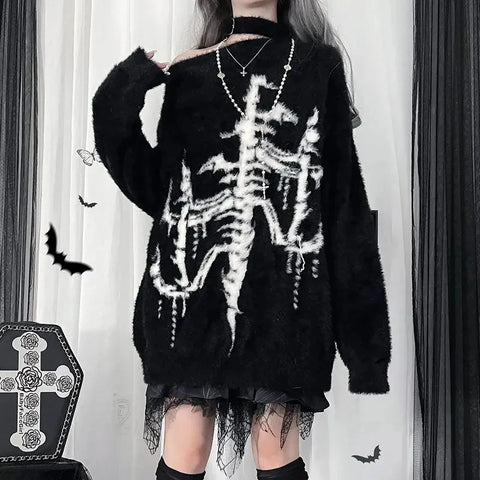 Goth Skeleton X-Ray Fuzzy Knit Top