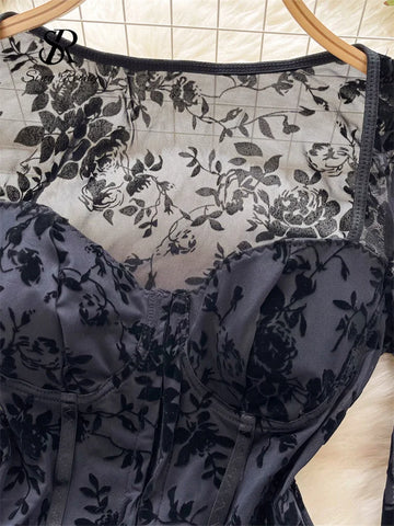 Victorian Goth Velvet Rose Corset Bodysuit Blouse