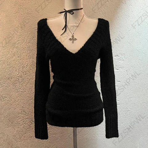 Goth Off-Shoulder Ribbed Knit Sweater in Midnight Black