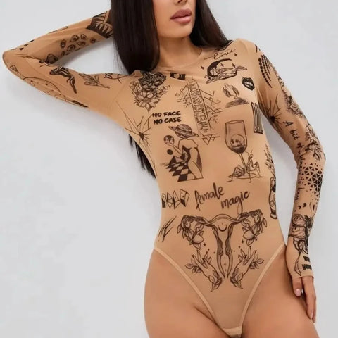 Nu Goth Female Magic Tattoo Print Bodysuit Suit