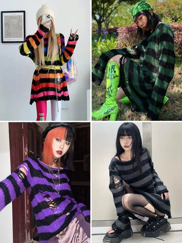 Goth Blue & Black Striped Hollow-Knit Top