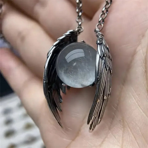 Goth Fallen Angel Wing Crystal Orb Necklace