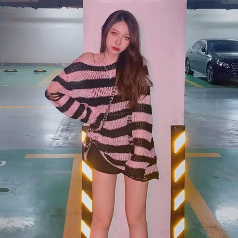 Pastel Goth Violet Striped Destroyed Knit Sweater