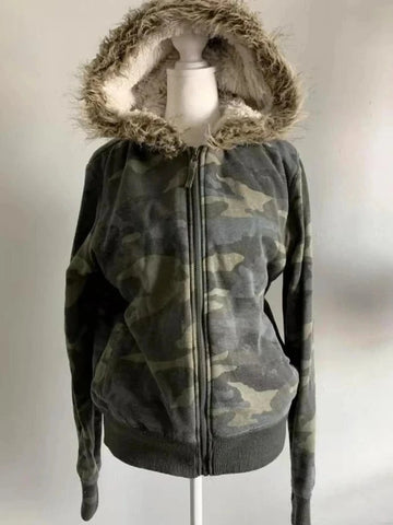Mall Goth Dual Blade Cross Fur Trim Zip Top