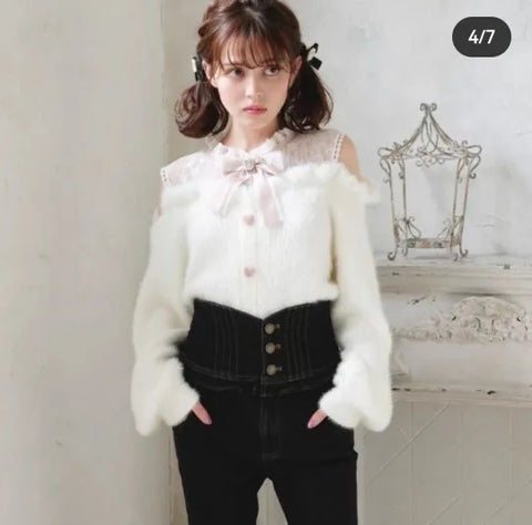 Pastel Goth Heartbreak Bloom Fuzzy Off-Shoulder Sweater