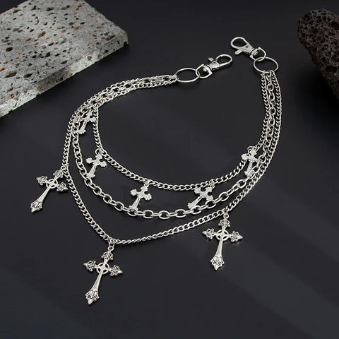 Mall Goth Triple Cross Chain Pants — Layered Silver Altar