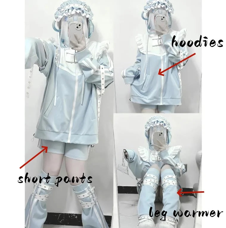 Pastel Goth Restraint Lace Zip-Up Tshirt in Ice Blue