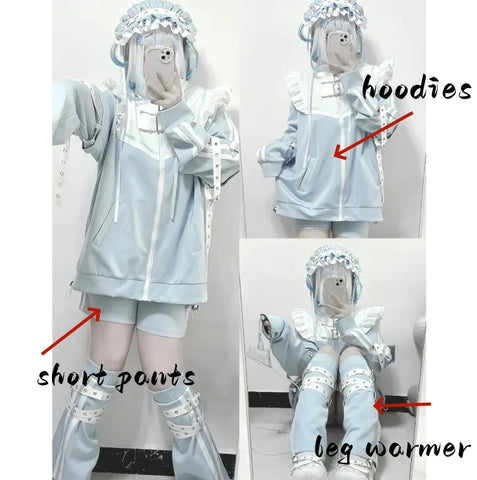 Pastel Goth Restraint Lace Zip-Up Tshirt in Ice Blue