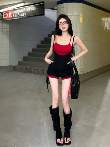 Goth Red & Black Lace-Up Faux Two-Piece Suit