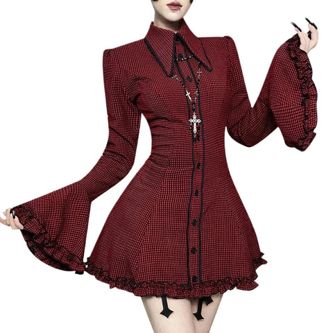 Victorian Goth Crimson Houndstooth Ruffle Dress