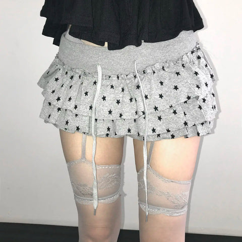Mall Goth Star Print Layered Ruffle Mini Skirt