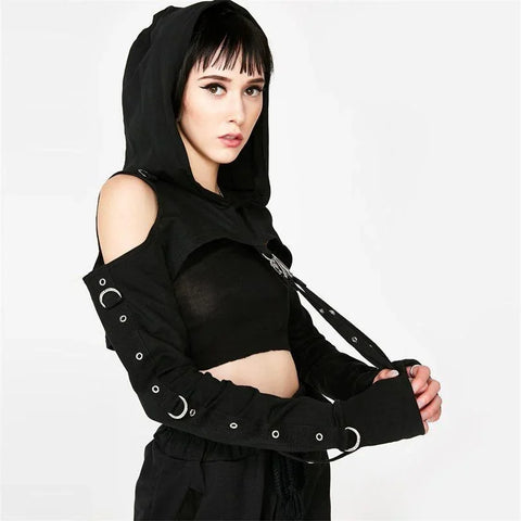 Cyber Goth Harness Cold Shoulder Crop Tshirt