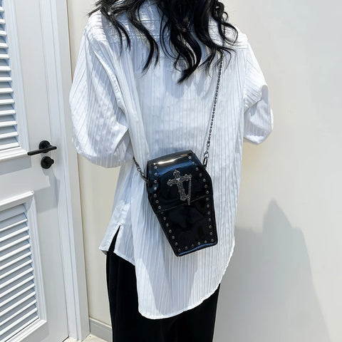 Goth Clear Coffin Crossbody Bag with Gunmetal Cross & Chain