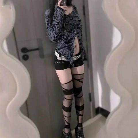 Goth Shredded Web Tights Sock — Black & White