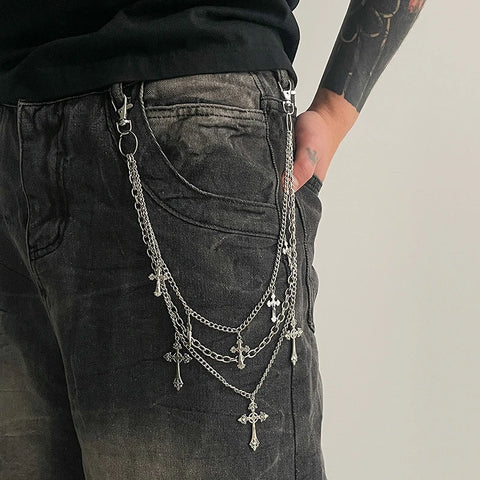 Mall Goth Triple Cross Chain Pants — Layered Silver Altar