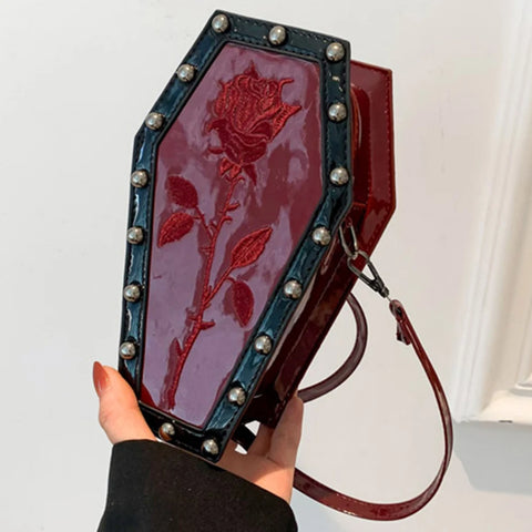 Goth Coffin Rose Embroidered Crossbody Bag
