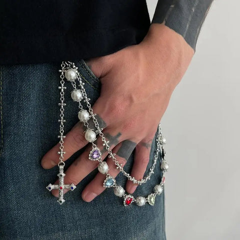 Mall Goth Triple Cross Chain Pants — Layered Silver Altar