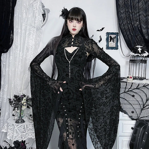 Victorian Goth Damask Flare-Sleeve Cropped Blouse