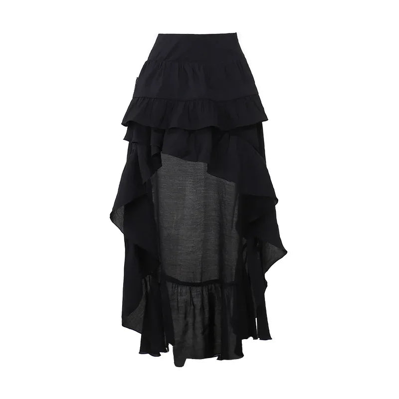 Mall Goth High-Low Tiered Ruffle Skirt in Midnight Black