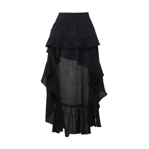 Mall Goth High-Low Tiered Ruffle Skirt in Midnight Black