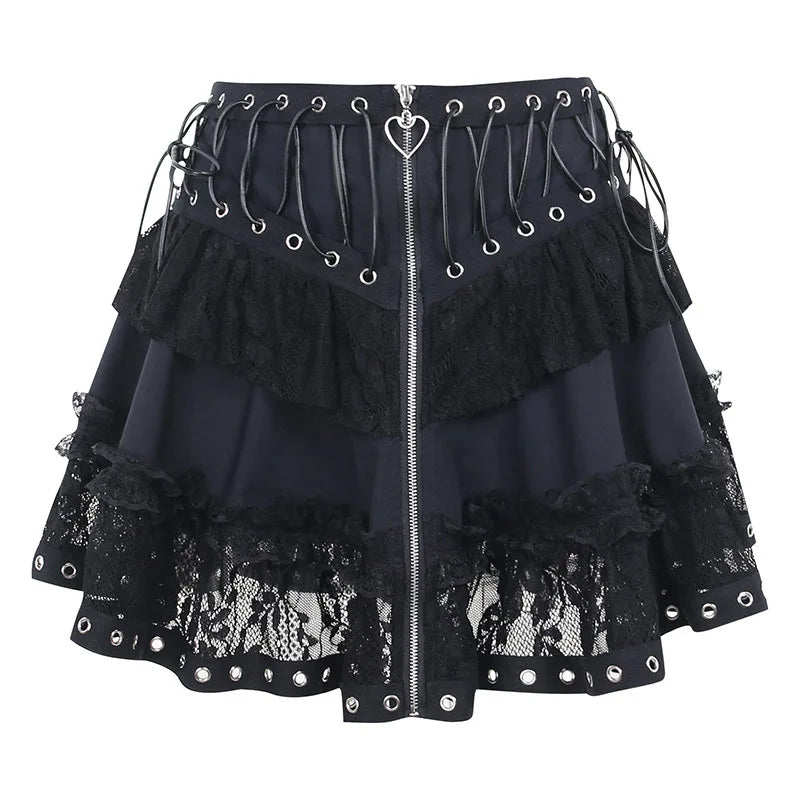Goth Lace Tiered Corset Mini Skirt in Midnight Black