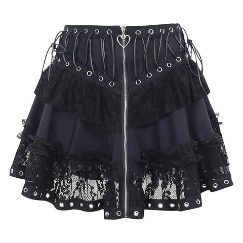Goth Lace Tiered Corset Mini Skirt in Midnight Black