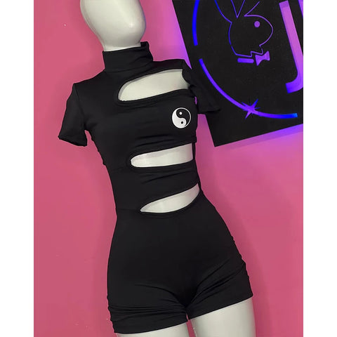 Goth Yin & Yang Cut-Out T-Shirt Romper in Black