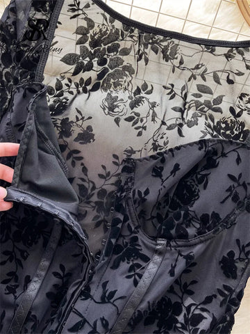 Victorian Goth Velvet Rose Corset Bodysuit Blouse