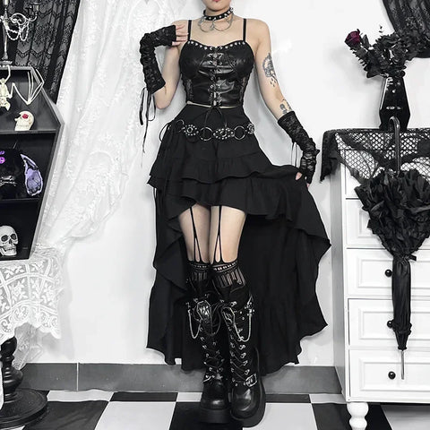 Mall Goth High-Low Tiered Ruffle Skirt in Midnight Black