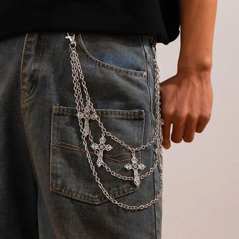 Goth Triple Layer Cross Pants Chain in Antique Silver