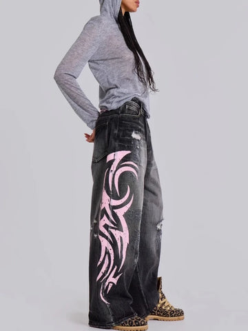 Goth Tribal Flame Wide-Leg Trousers in Washed Black & Pink