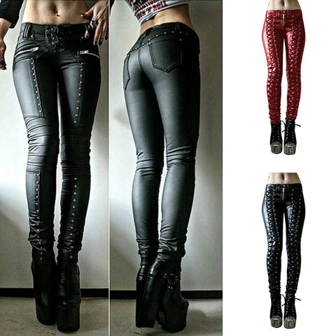 Goth Lace-Up Faux Leather Skinny Pants