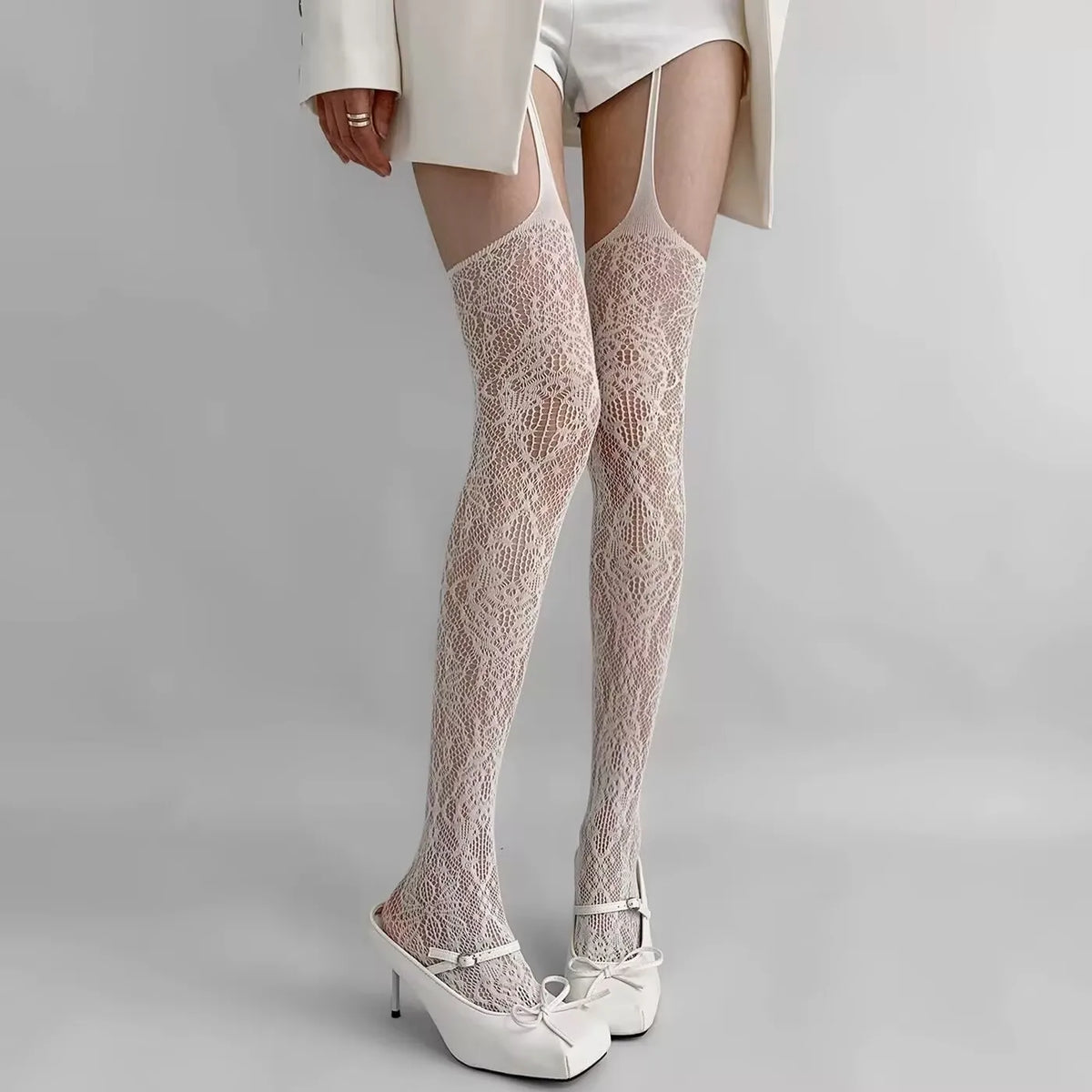 Victorian Goth Ivory Floral Lace Garter Leggings