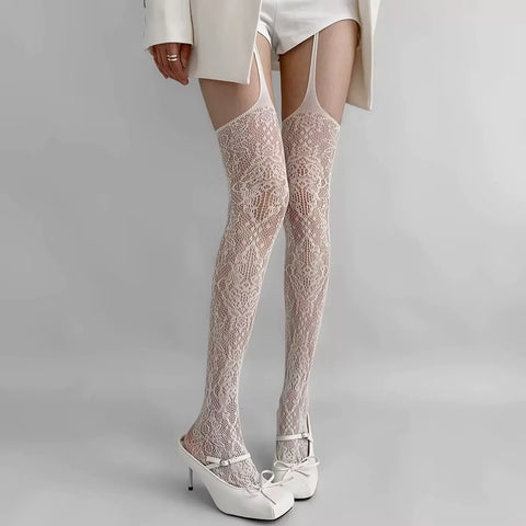 Victorian Goth Ivory Floral Lace Garter Leggings