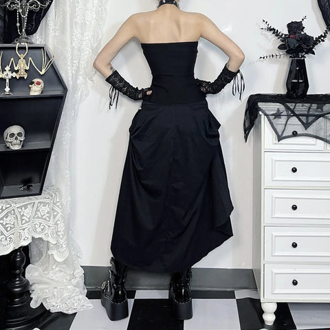 Goth Corset-Ring Midi Skirt with Detachable Ruffle Layer