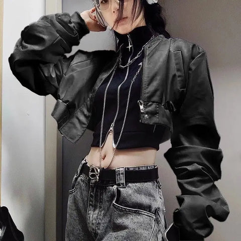 Cyber Goth Double-Zip Ribbed Crop Top