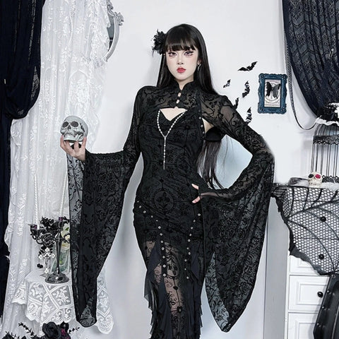 Victorian Goth Damask Flare-Sleeve Cropped Blouse