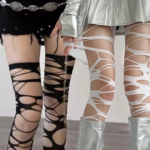 Goth Shredded Web Tights Sock — Black & White