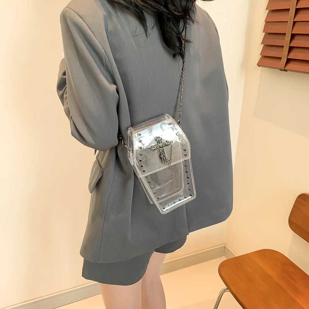 Goth Clear Coffin Crossbody Bag with Gunmetal Cross & Chain