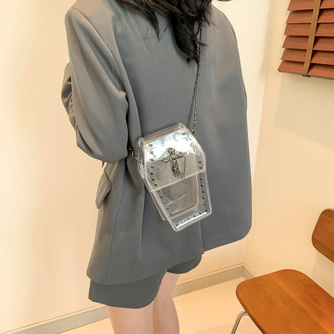 Goth Clear Coffin Crossbody Bag with Gunmetal Cross & Chain