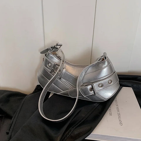 Goth Buckle Strap Baguette Bag in Glossy Black