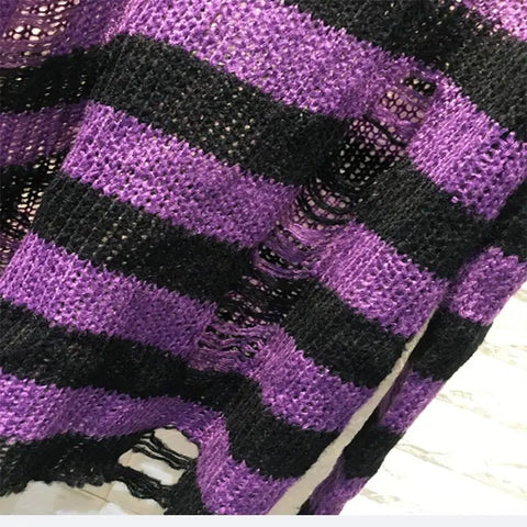 Pastel Goth Violet Striped Destroyed Knit Sweater